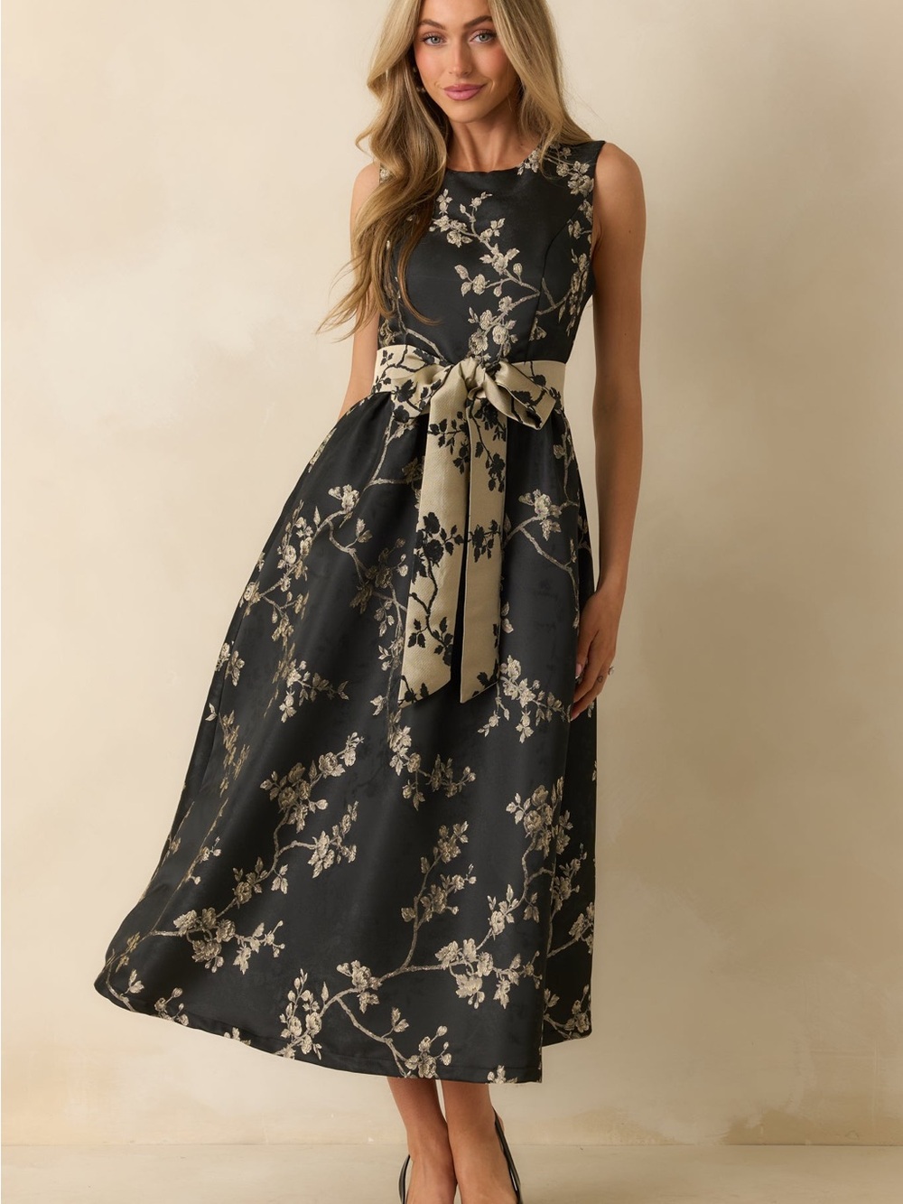 NWT B.RIGHT Black Gold Floral Jacquard Midi Dress Small